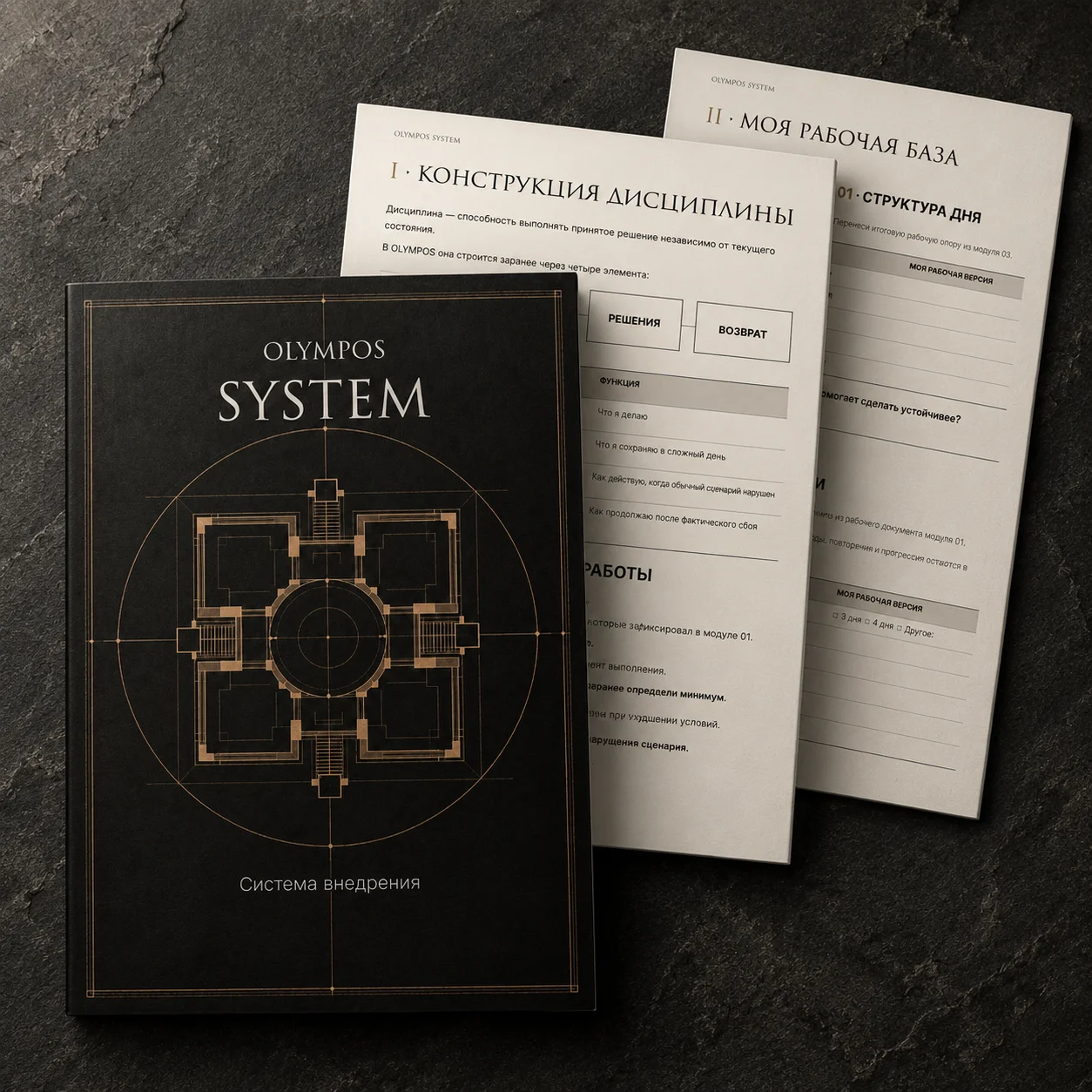 OLYMPOS SYSTEM: обложка системы, рабочий документ и итоговая рабочая база